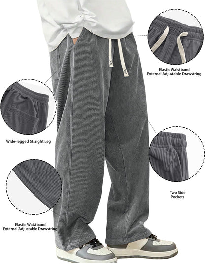Mens Corduroy Casual Pants Fashion Loose Fit Wide Leg Pants Straight Sweatpants Elastic Waist Drawstring