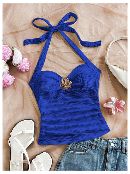 Women's V Neck Halter Tops Open Back