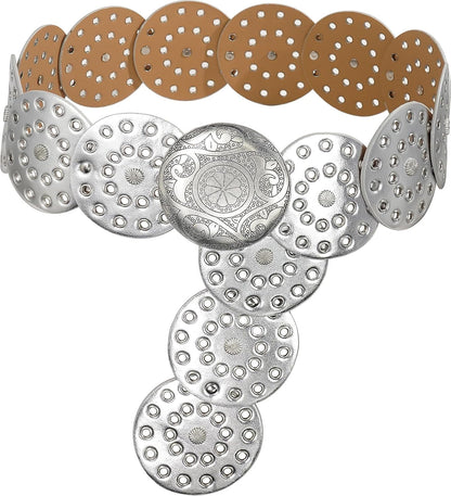 Wide Disc Belt for Women Vintage Hollow Boho Leather Belt Western Chunky Waist Belt Cowboy Metal Buckle Concho Belts