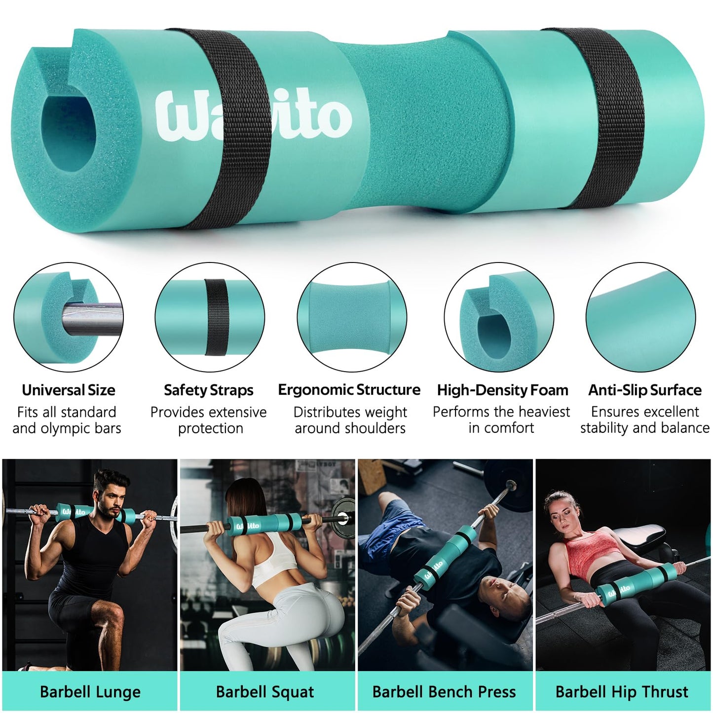 WALITO 7Pcs Barbell Pad Set for Hip Thrust - Squat Pad,Gym Accessories for Women with Bar Bad,Bench Press, with Gym Ankle Straps,Resistance Bands for Working Out,Lifting Strap,Carry Bag