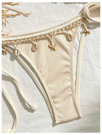 Women's 2 Piece Sexy Halter Triangle Bikinis Seashell Tie