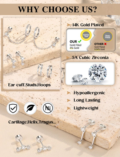 6 Pairs Silver Earrings Stacks for Women