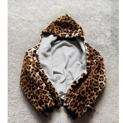 CUTEGAL Zip Up Hoodie Oversized Leopard Print Jacket Reversible Streetwear Fall Grunge Hoodies Streetwear