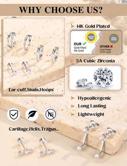 6 Pairs Silver Earrings Stacks for Women